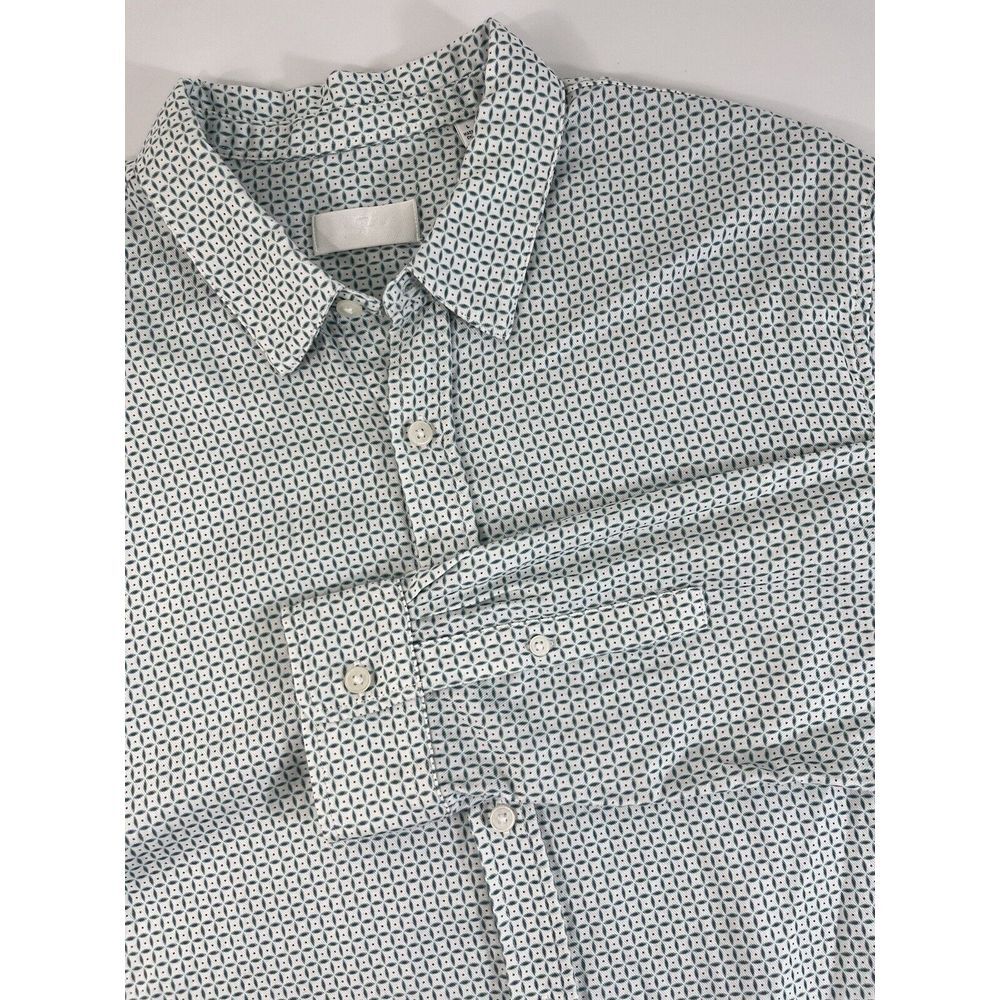 7 For All Mankind Mens Button Up Shirt Sz L All Over Print White Green Geometric